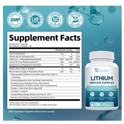 Lithium Orotate Complex 10mg, com Magnésio, Ashwagandha, NAC e Ômega-3, 120 Cápsulas, Migcopat