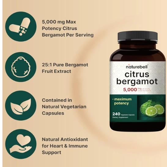 Citrus Bergamot 5000mg, Bergamota cítrica, Antioxidante, 240 Cápsulas, NatureBell