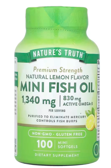 Mini Fish Oil Premium, Óleo de Peixe 1340mg, 100 Minicápsulas Sabor Limão, Nature's Truth