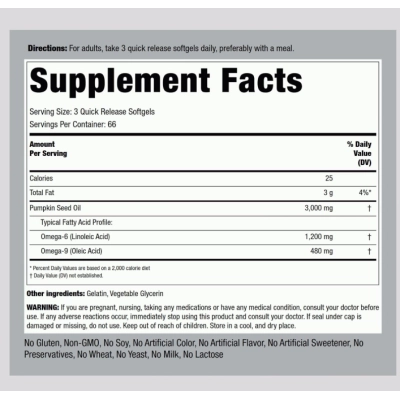 Pumpkin Seed Oil 3000mg, Óleo da Semente de Abóbora, 200  Cápsulas, Piping Rock