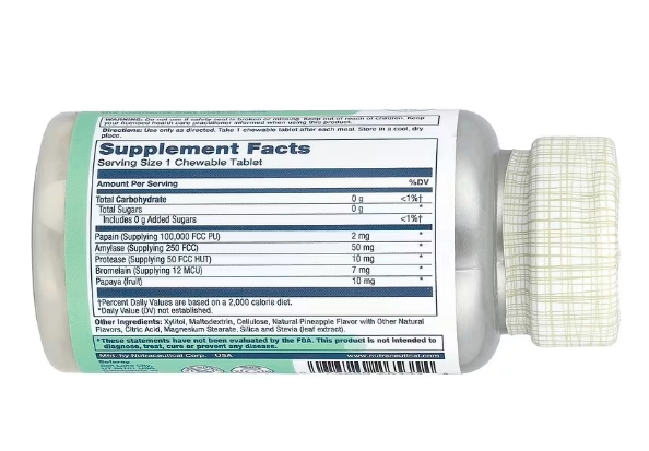 Enzimas de Mamão, Abacaxi Natural, 90 Comprimidos Mastigáveis, Solaray