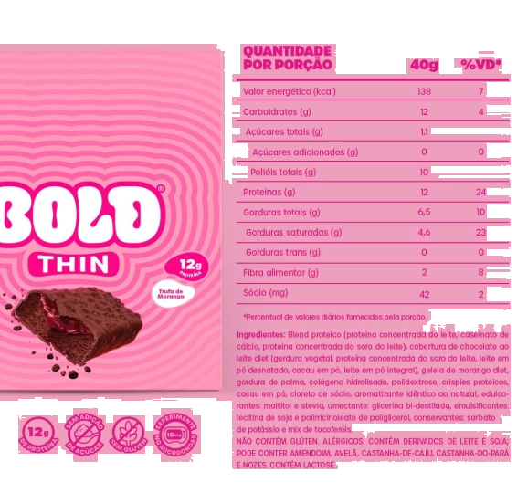 Barra de Proteína Thin, 12g de Proteína, Sabores, 3 Unidades, 40g Cada, BOLD Snacks