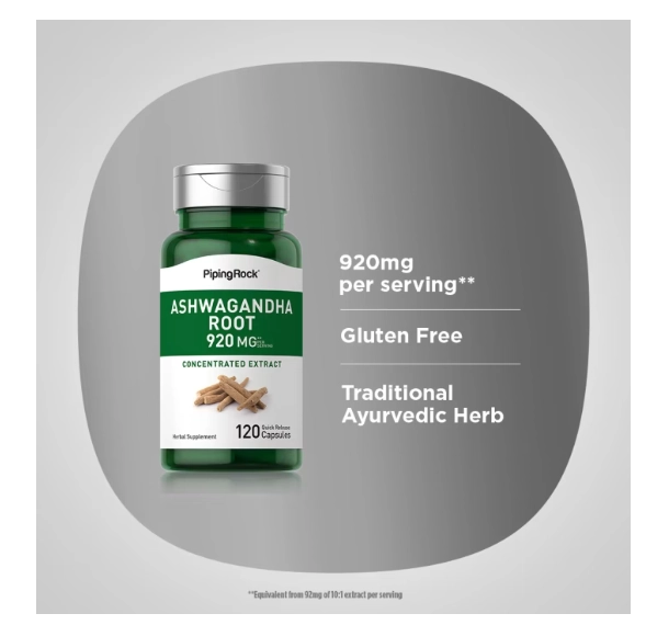 Raiz de Ashwagandha, 920mg, 120 cápsulas de liberação rápida, PipingRock