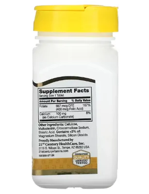Ácido Fólico, 400mcg, 250 Comprimidos, 21st Centur