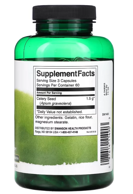 Celery Seed, Semente de Aipo 500mg, 180 Cápsulas, Swanson