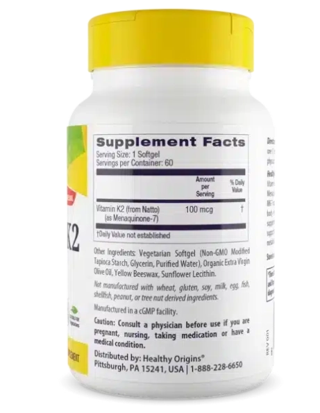Vitamina K2 MK7, 100mcg, 60 Cápsulas, Healthy Origins