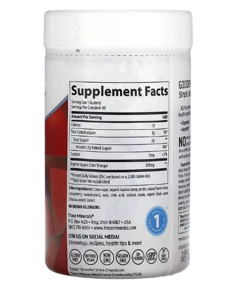 Vinagre de Maçã, Apple Cider, 500mg, 60 Gomas Sabor Morango e Melão, Trace Minerals