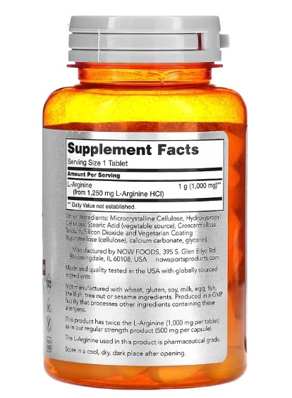 L-Arginina Double Strength, 1000mg, 60 Comprimidos, Now