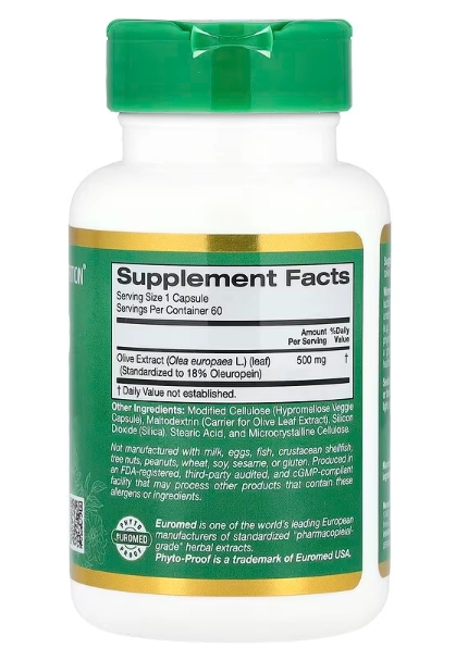 Olive Leaf, Extrato da Folha de Oliveira 500mg, 60 Cápsulas, California Gold EuroHerbs