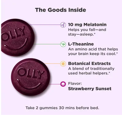 Max Strength Sleep, Melatonina 10mg,  L-teanina, Camomila e Erva-cidreira,  50 Gomas Sabor morango, Olly