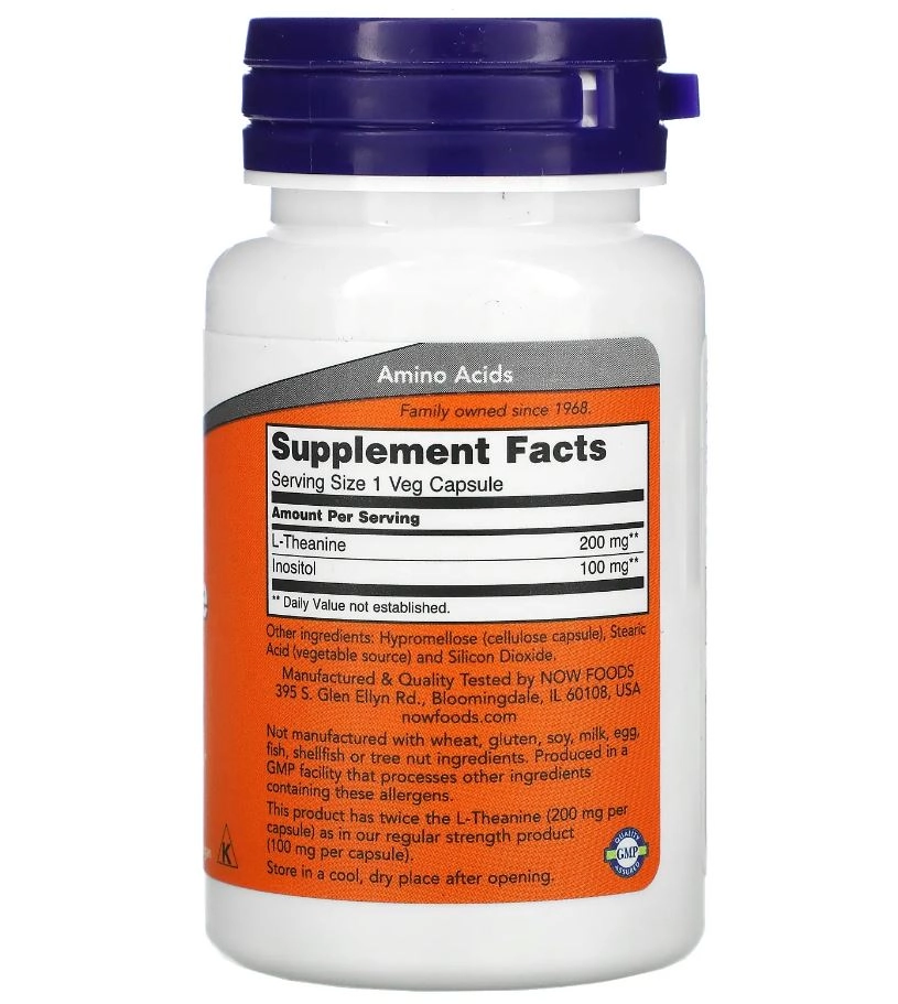 L-Theanine, Dosagem Dupla, 200mg, 60 Cápsulas, Now