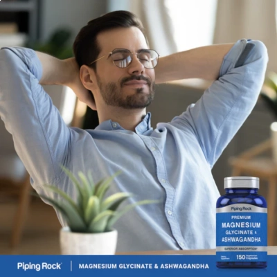 Glicinato de Magnésio + Ashwagandha, 1500mg, 150 Cápsulas, PipingRock 