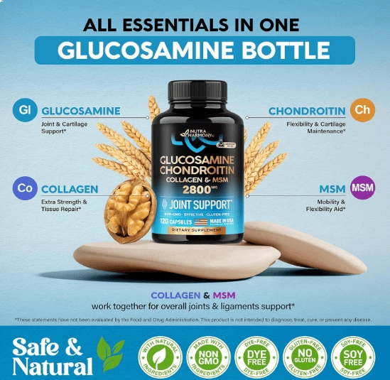 Glucosamina Condroitina 2800mg com Colágeno, Suporte Articular, 120 Cápsulas, Nutraharmony