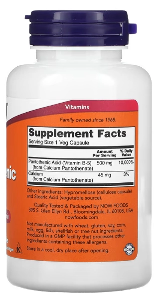 Ácido Pantotênico 500mg, 100 Cápsulas, Now