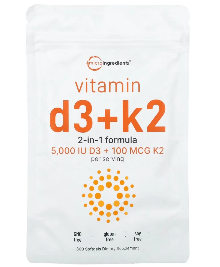 Vitamina D3 5000UI + K2 100mcg, 300 Cápsulas, Micro Ingredients