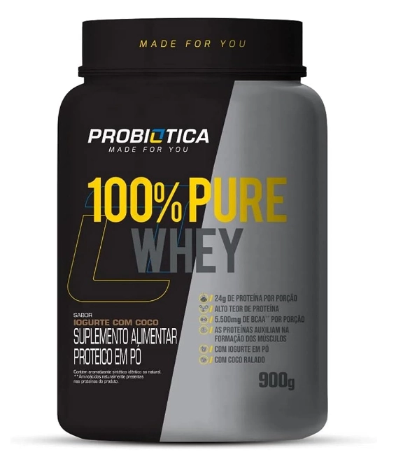 100% Pure Whey, Sabor Iogurte Com Coco, 900g, Probiótica