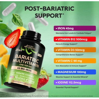 Bariatric Multivitamin, Multivitamínico Bariátrico 21 Vitaminas Essenciais + ferro 45mg, Cápsulas Opções, Nutra Harmony