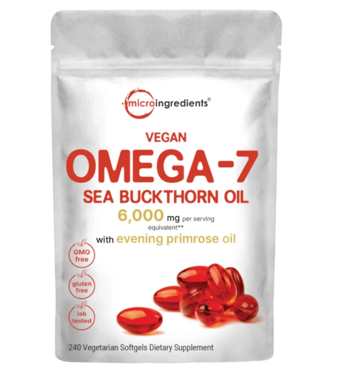 Omega-7 Sea Buckthorn Oil 6,000mg, Óleo de Espinheiro-Mar Vegano, 240 Cápsulas, Micro Ingredients
