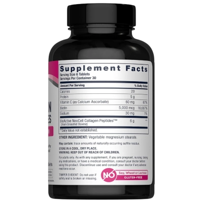 Grass-Fed Collagen Peptides, com Vitamina C e Biotina, 6000mg, 180 Comprimidos, Neocell