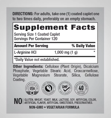 L-Arginina HCL 1000mg, 120 Cápsulas, PipingRock