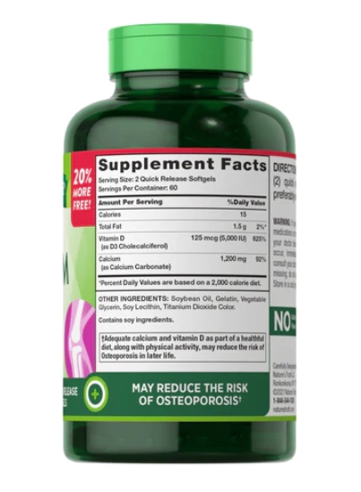 Cálcio 1200mg, com Vitamina D3 5000UI, 120 cápsulas, Nature's Truth