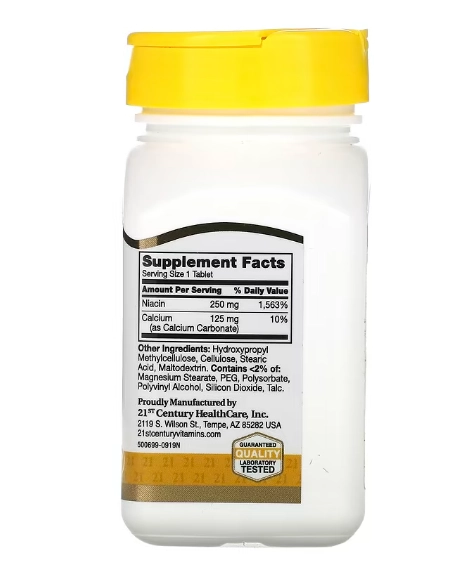 Niacina, 250mg, 110 Comprimidos Liberação Prolongada, 21st Century
