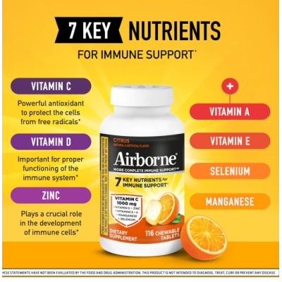 Vitamina C 1000mg, com Vitaminas ACE, Zinco, Selênio, Equinácea, Gengibre e Antioxidantes, 116 Comprimidos sabor Cítrico, Airborne