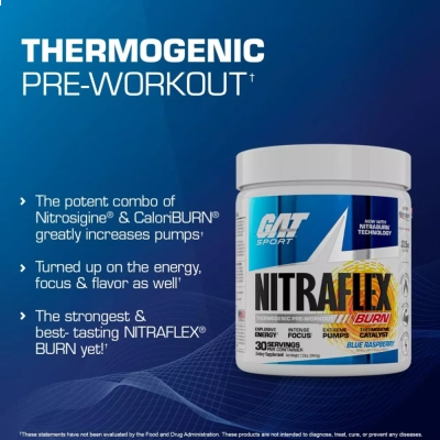 Nitraflex Burn Pré-Treino, Sabor Blue Raspberry, 30 Doses, GAT Sport