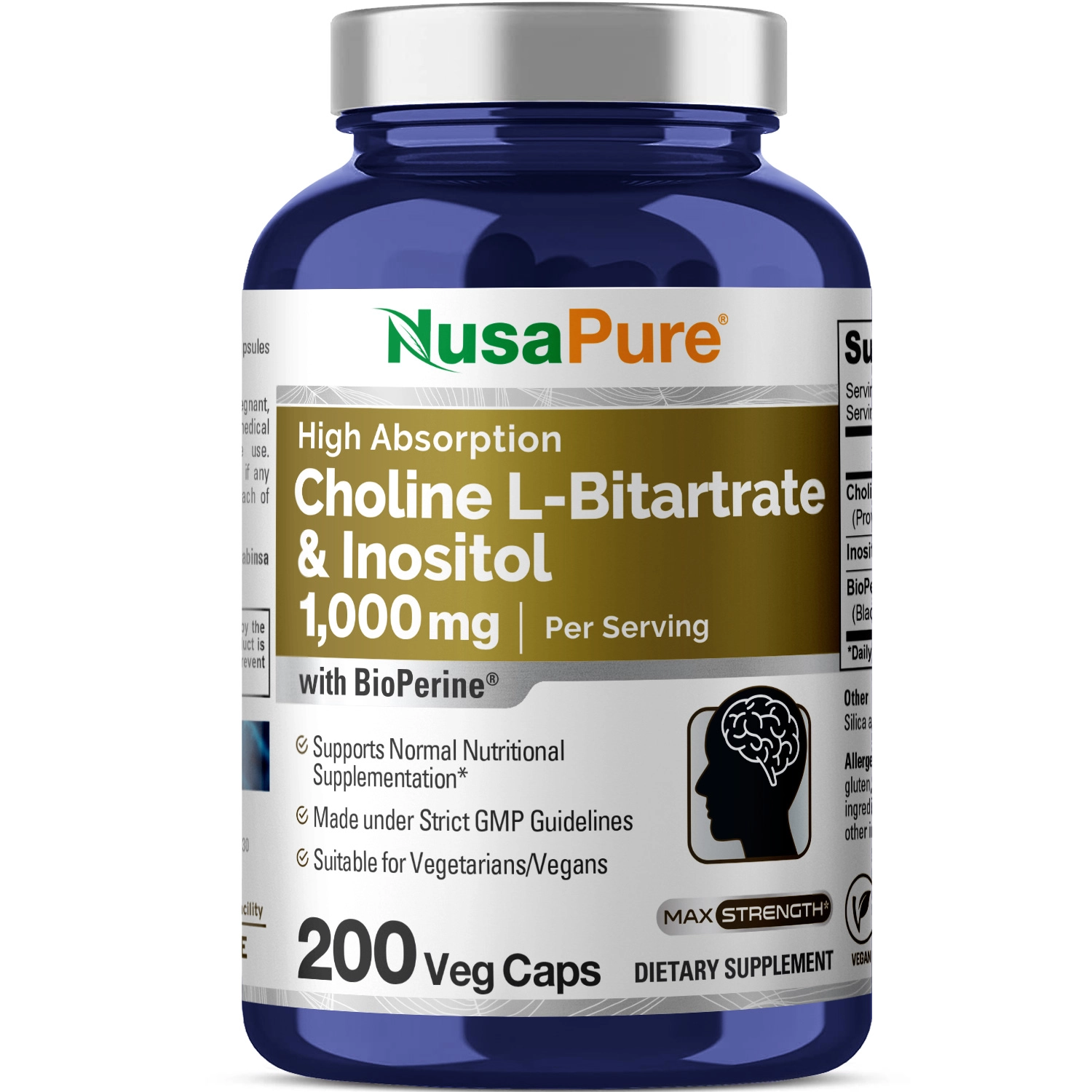 Choline Inositol 1000mg com Bioperina, 200 Cápsulas, NusaPure