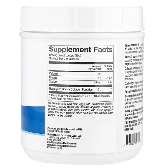 Peptídeos de Colágeno Hidrolisado, Tipos I e III, 460g Sem Sabor, Lake Avenue Nutrition