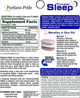 Melatonina 10mg, Tri-Layer Sleep Complex, 30 comprimidos, Puritan's Pride