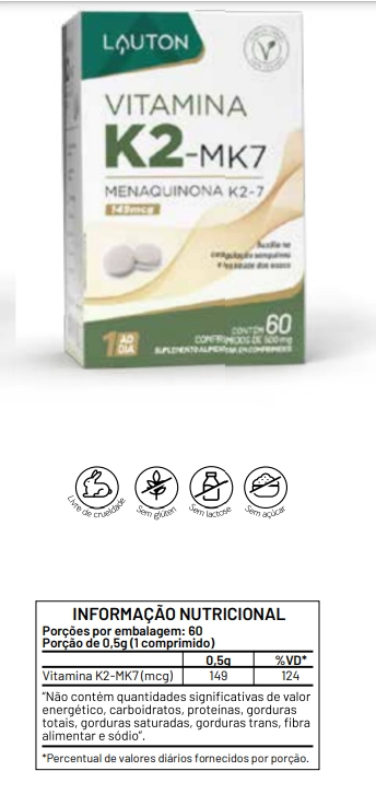 Vitamina K2 (MK-7), 100mcg, 60 comprimidos, Lauton Nutrition
