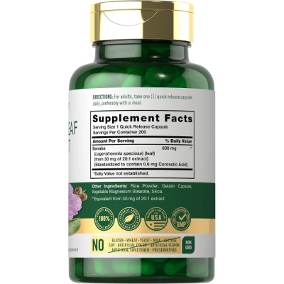 Extrato de Folha de Banaba, 600mg, 200 Cápsulas, Carlyle