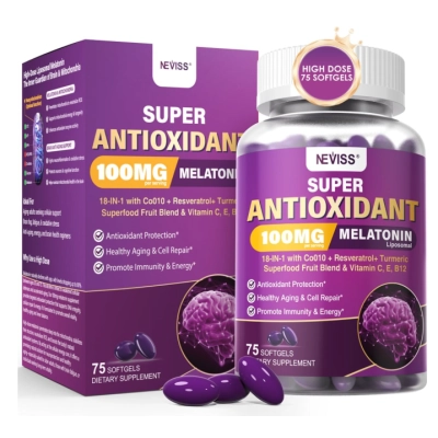 Melatonina 100mg, Saúde Antioxidante e Cognitiva, com Cúrcuma, Trans-resveratrol, Vitamina B12, 75 Cápsulas, Neviss