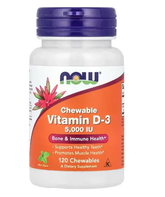 Vitamina D-3 5000UI, 120 comprimidos mastigáveis Sabor Menta, Now