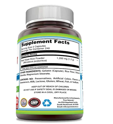 Red Yeast Rice 1200mg, Arroz de Levedura Vermelha, 480 Cápsulas, Pure Naturals