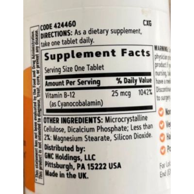 Vitamina B12 25mcg, 30 Tablets, GNC Select
