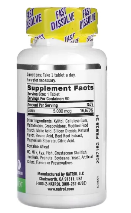 Biotina, Força Extra, 5000mcg, 90 Comprimidos Sabor Morango, Natrol