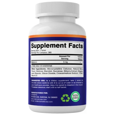 Melatonina 5mg, 365 Comprimidos Sabor Frutas Vermelhas, Vitamatic