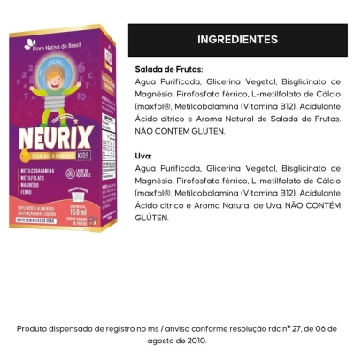 Kit 3 unidades, NEURIX (Mg, Fe, Metilfolato e B12) Sabor Salada De Frutas, 150ml - Flora Nativa do Brasil