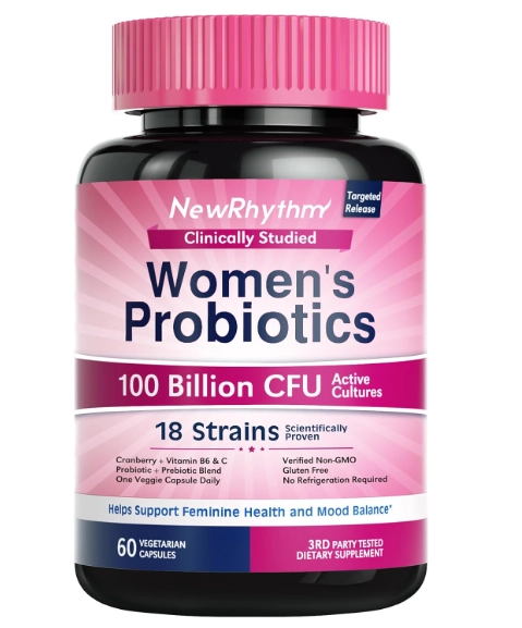 Probióticos para Mulheres, P-5-P, Vitamina C e Cranberry, 100 Bilhões de UFC, 60 Cápsulas, NewRhythm