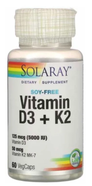 Vitamina D3 5000IU  + K2 50mcg, MK-7, 60 capsulas Solaray