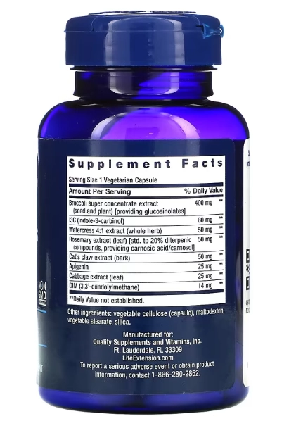 Vegetal de Crucífero de Tripla Ação, 400mg, 60 Cápsulas, Life Extension