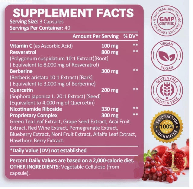 Resveratrol com Berberina, Quercetina, Vitamina C e Niacinamida, 120 Cápsulas, Totaria Health