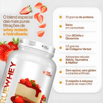 True Whey, Isolado e Hidrolisado, Sabor Strawberry Chessecake, 837g, True Source