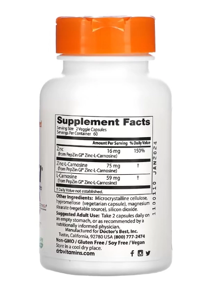 PepZin GI, Complexo Zinco L-Carnosina, 120 Cápsula, Doctor's Best