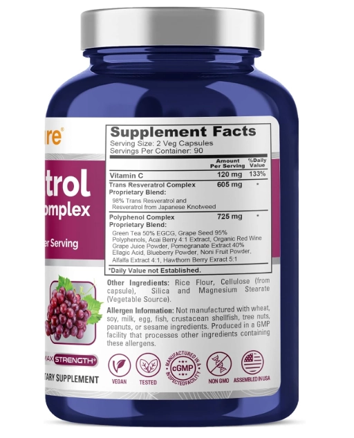 Resveratrol & Polyphenol Complex 1450mg, 180 Cápsulas, NusaPure 