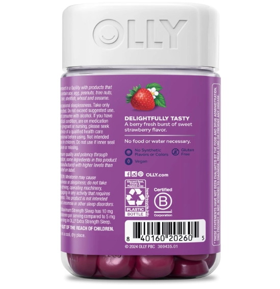 Max Strength Sleep, Melatonina 10mg, L-teanina, Camomila e Erva-cidreira, 70 Gomas Sabor Morango, Olly