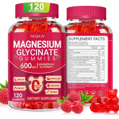 Magnésio Glicinato 600mg, com L-treonato, 120 Gomas Sabor Framboesa, AEQNJV