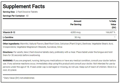 Vitamina B12, 4000mcg, + L-Carnitina, 120 comprimidos Sublingual, PipingRock